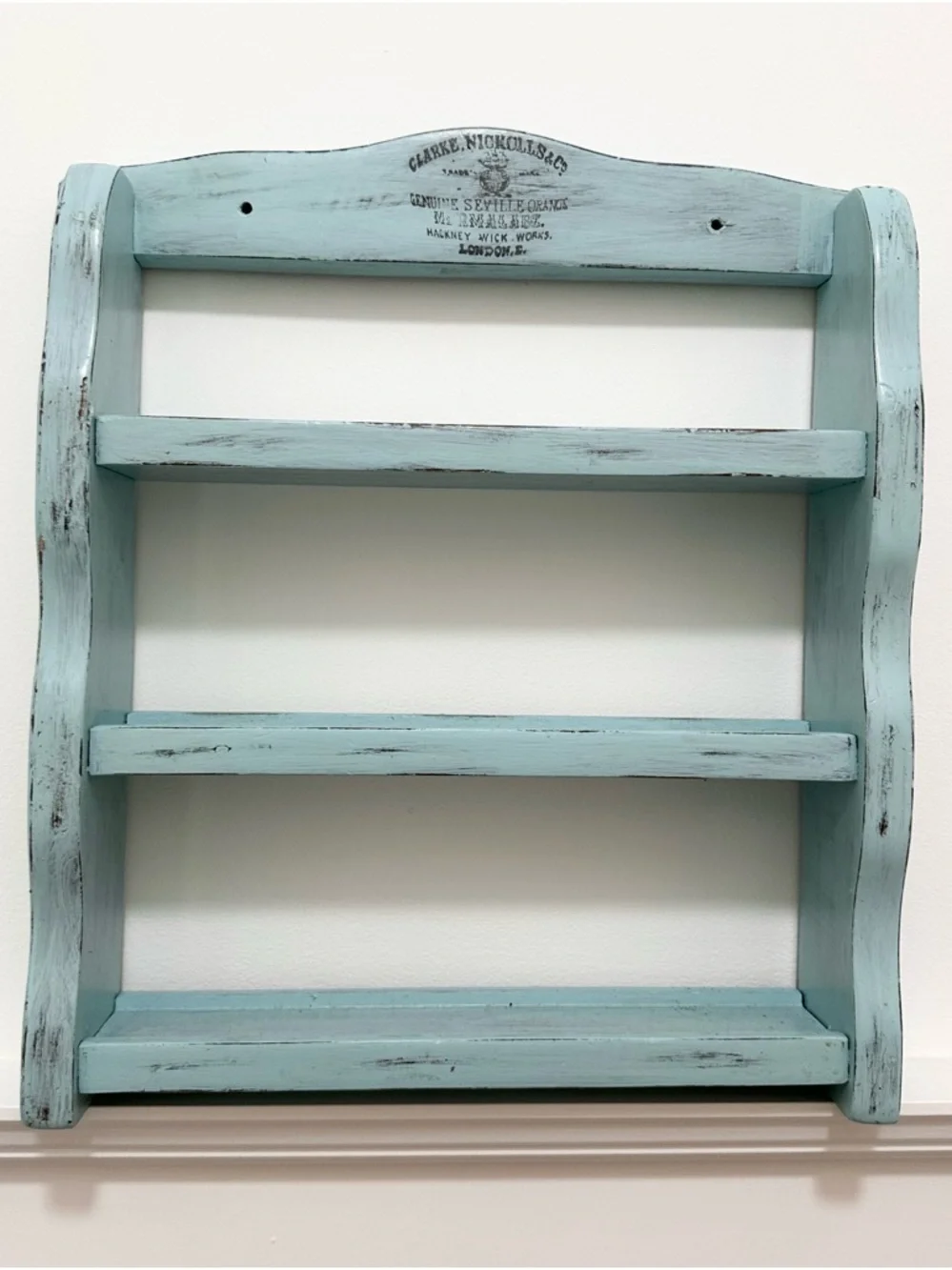 Light Blue Distressed Wooden Wall Shelf for Spices, Oils, Nicknack Collectables